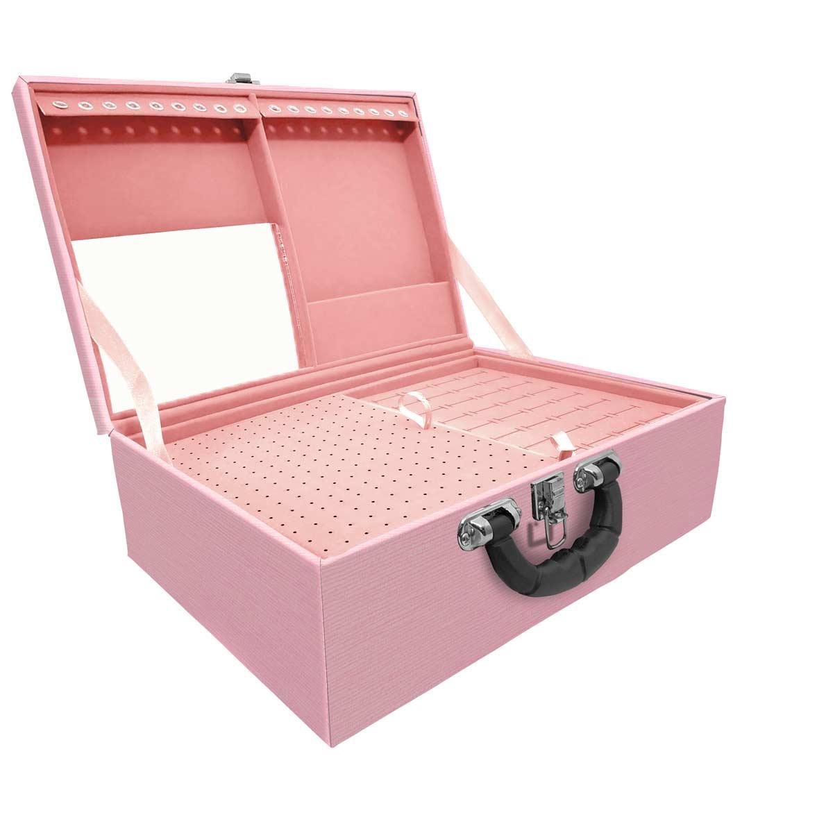 Estojo Maleta Porta Jóias Triplo Grande Milão Rosa Com Alça Preta e Espelho