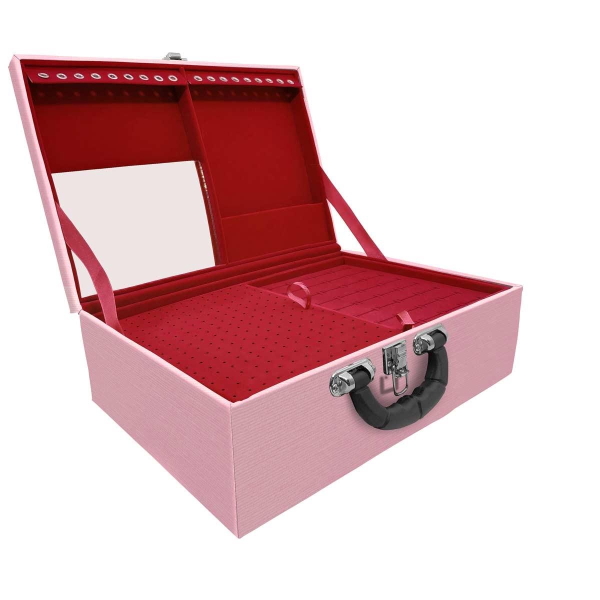 Estojo Maleta Porta Jóias Triplo Grande Milão Rosa Com Alça Preta e Espelho