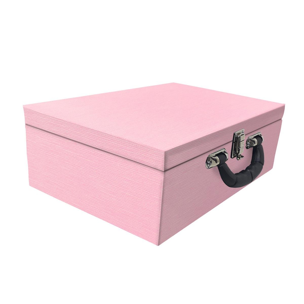 Estojo Maleta Porta Jóias Triplo Grande Milão Rosa Com Alça Preta e Espelho