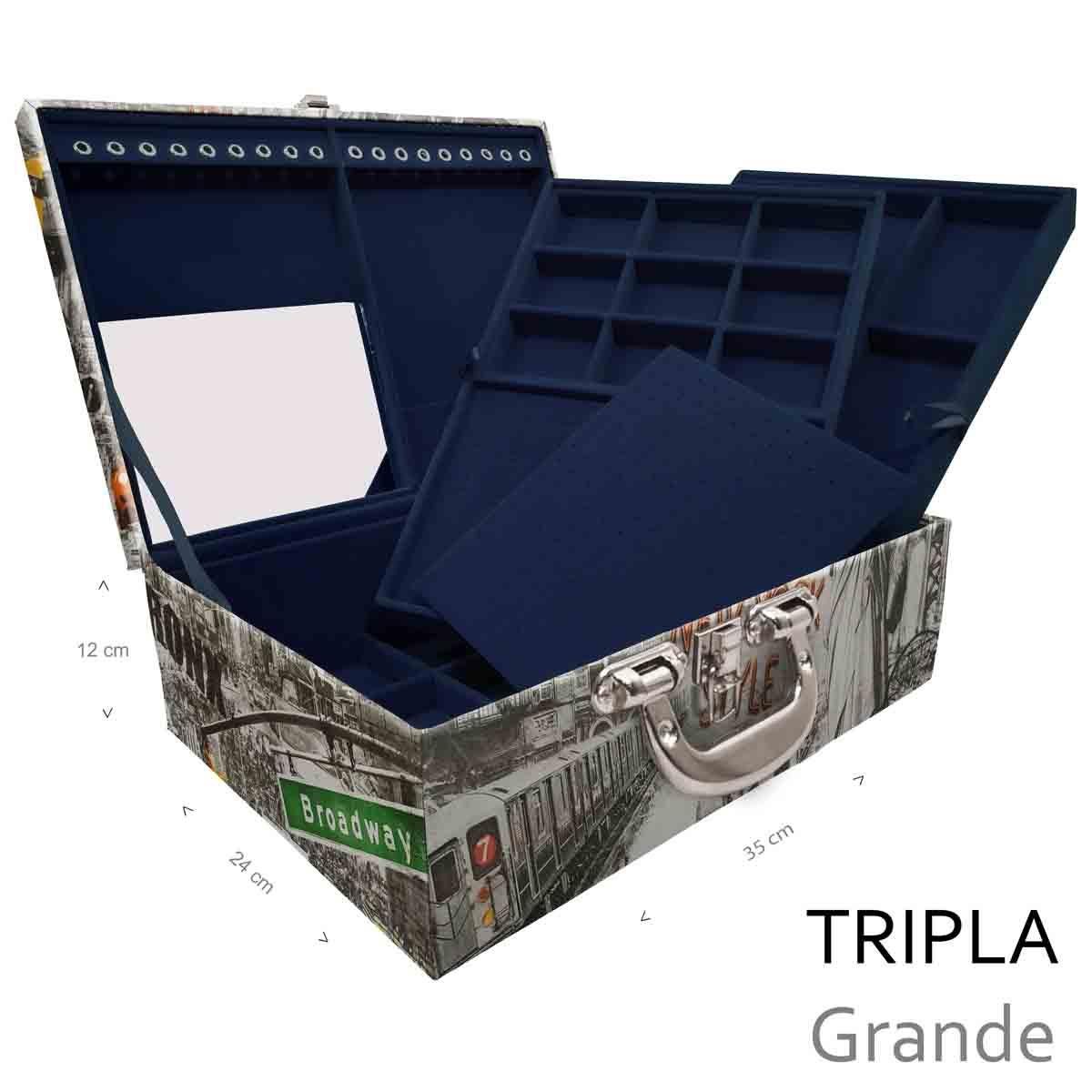 Estojo Maleta Porta Jóias Triplo Grande New York Táxi Com Alça Cromada e Espelho