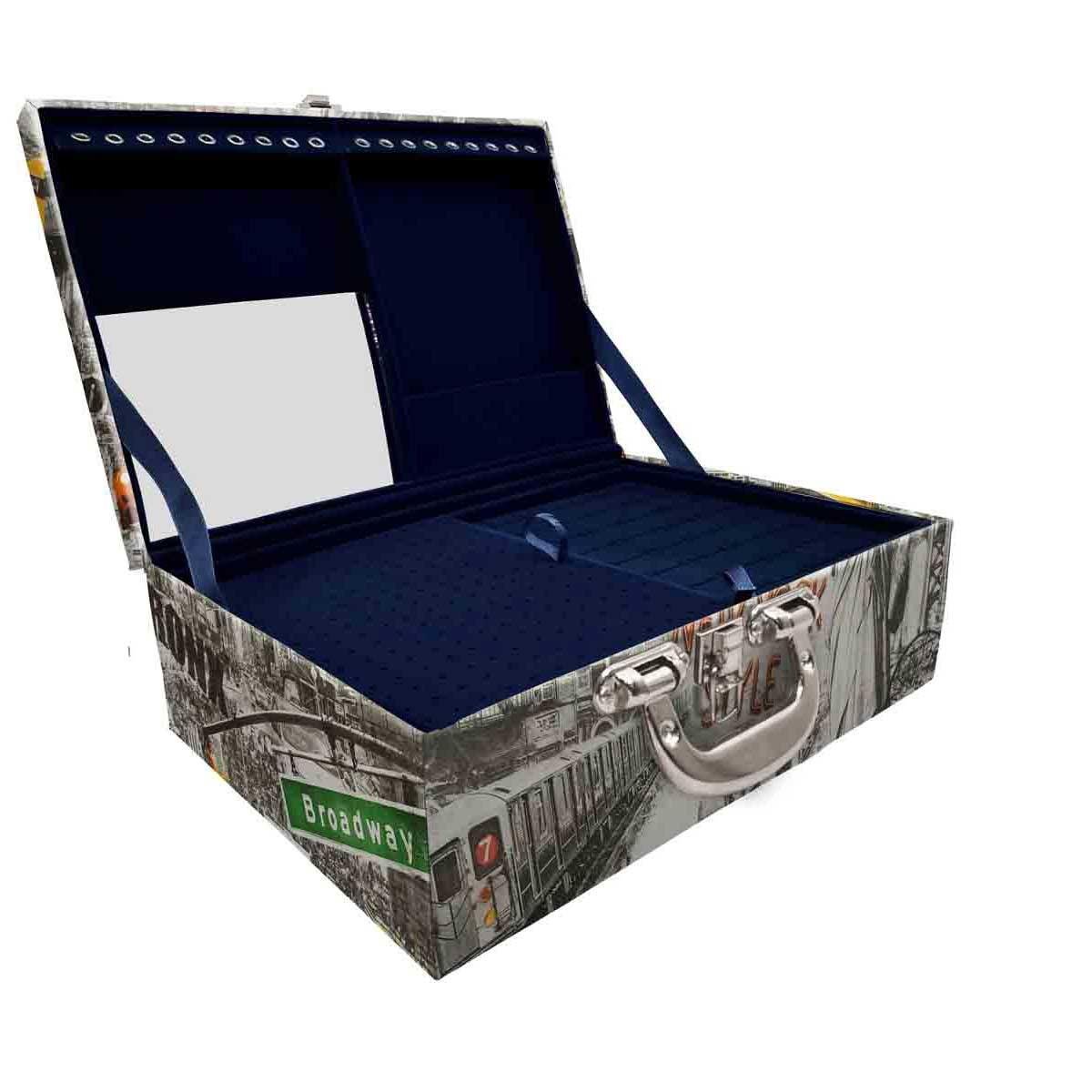 Estojo Maleta Porta Jóias Triplo Grande New York Táxi Com Alça Cromada e Espelho