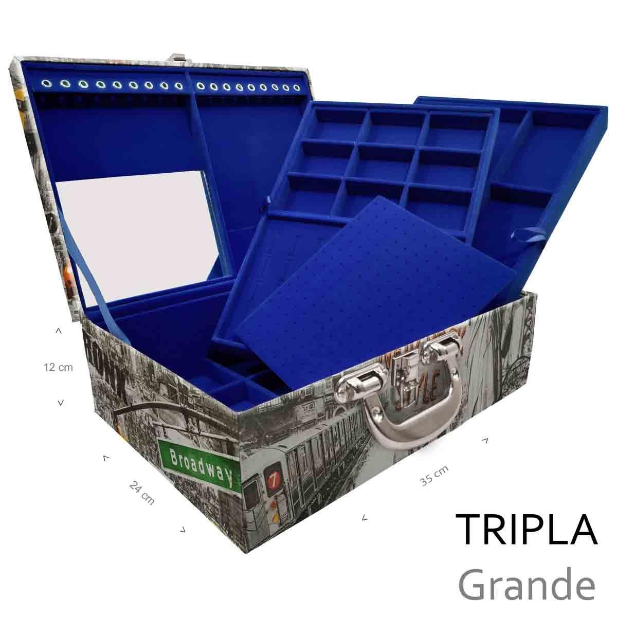 Estojo Maleta Porta Jóias Triplo Grande New York Táxi Com Alça Cromada e Espelho