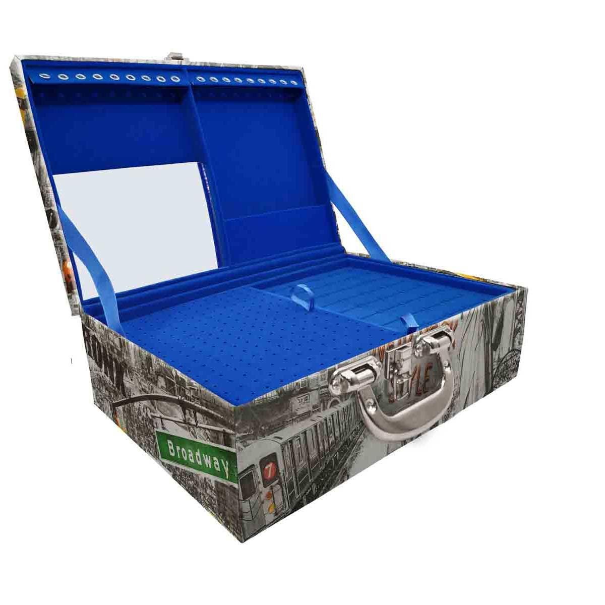 Estojo Maleta Porta Jóias Triplo Grande New York Táxi Com Alça Cromada e Espelho