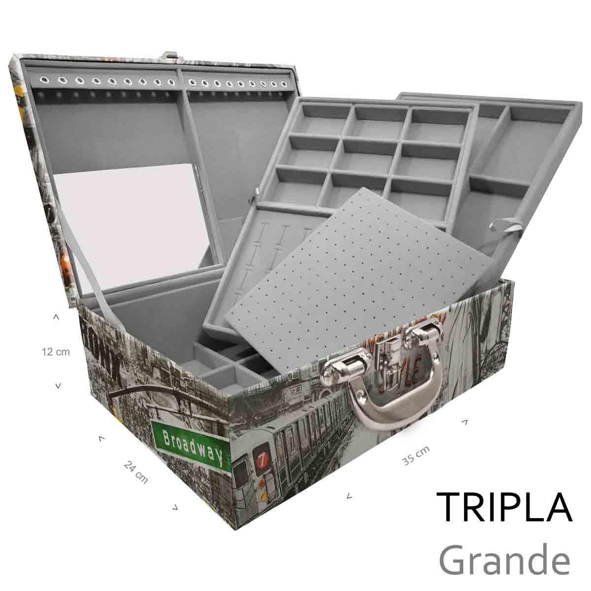 Estojo Maleta Porta Jóias Triplo Grande New York Táxi Com Alça Cromada e Espelho