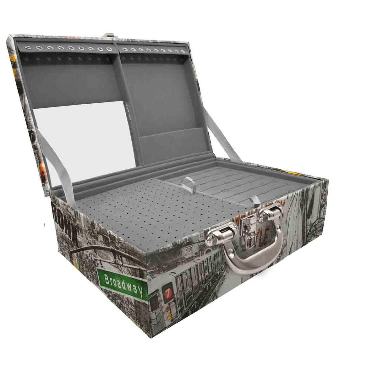 Estojo Maleta Porta Jóias Triplo Grande New York Táxi Com Alça Cromada e Espelho