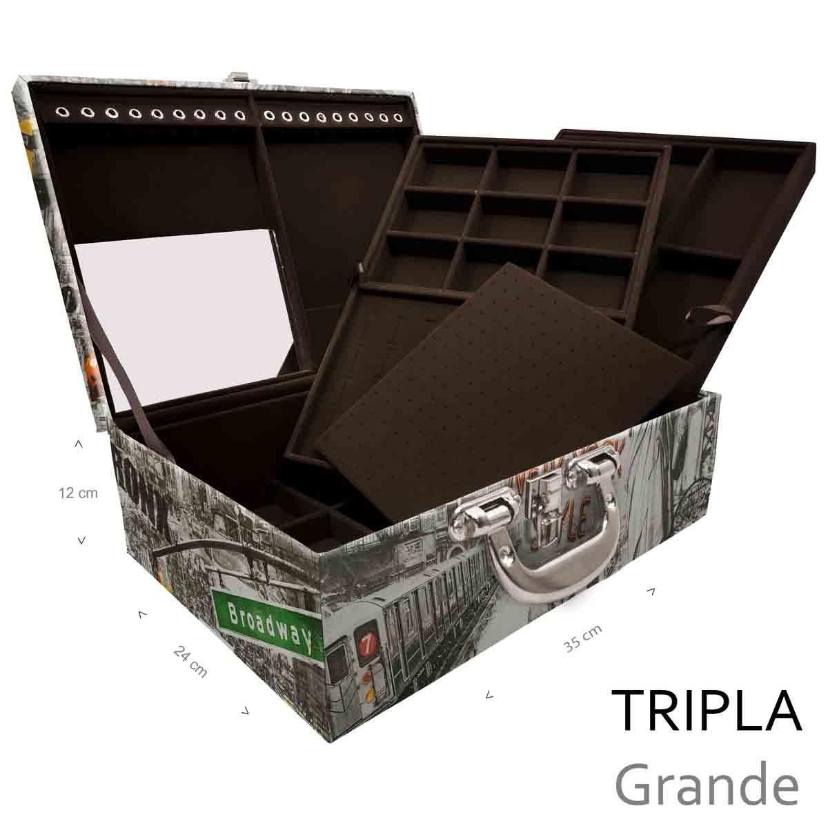 Estojo Maleta Porta Jóias Triplo Grande New York Táxi Com Alça Cromada e Espelho
