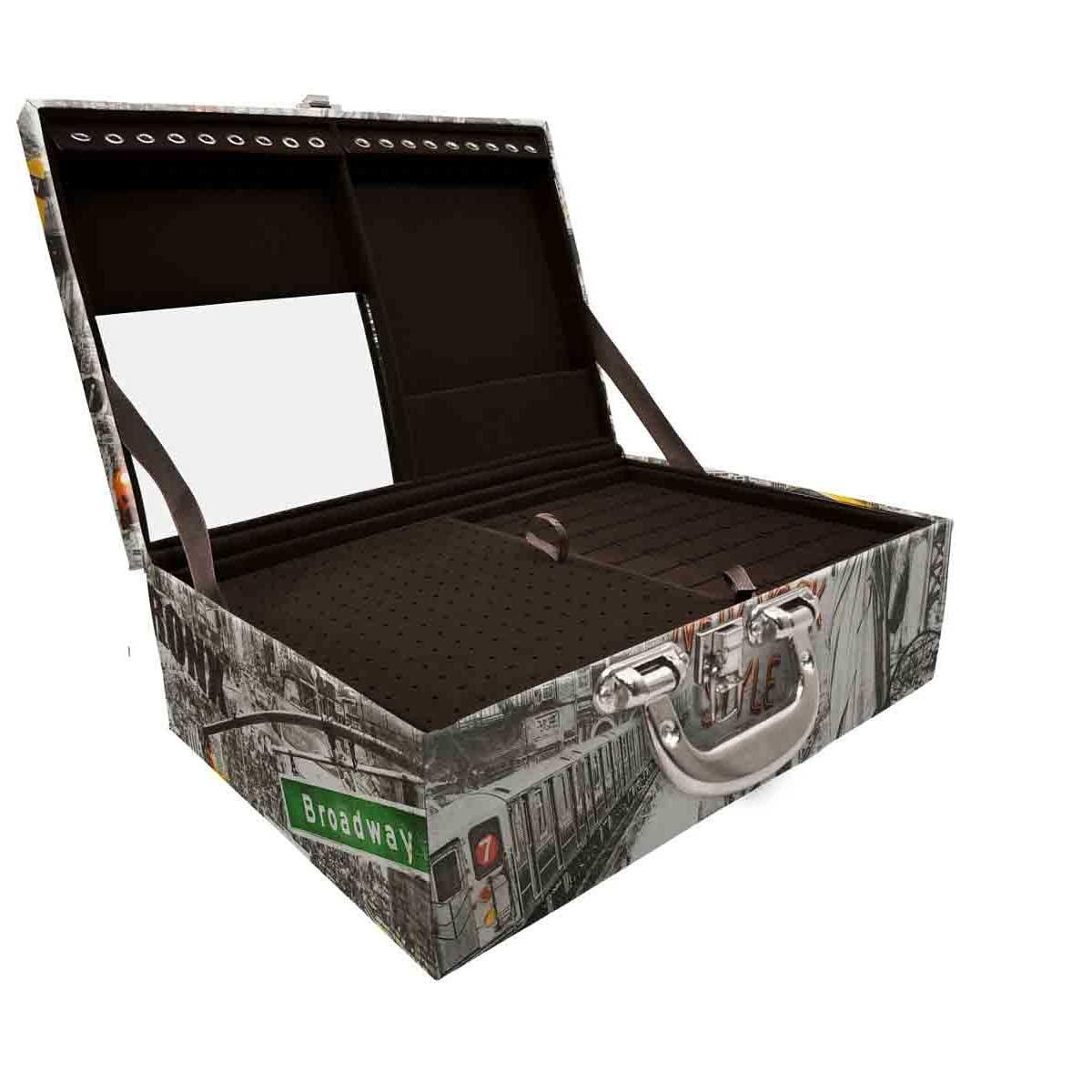 Estojo Maleta Porta Jóias Triplo Grande New York Táxi Com Alça Cromada e Espelho