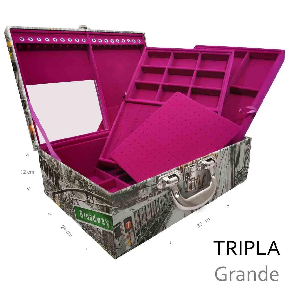 Estojo Maleta Porta Jóias Triplo Grande New York Táxi Com Alça Cromada e Espelho