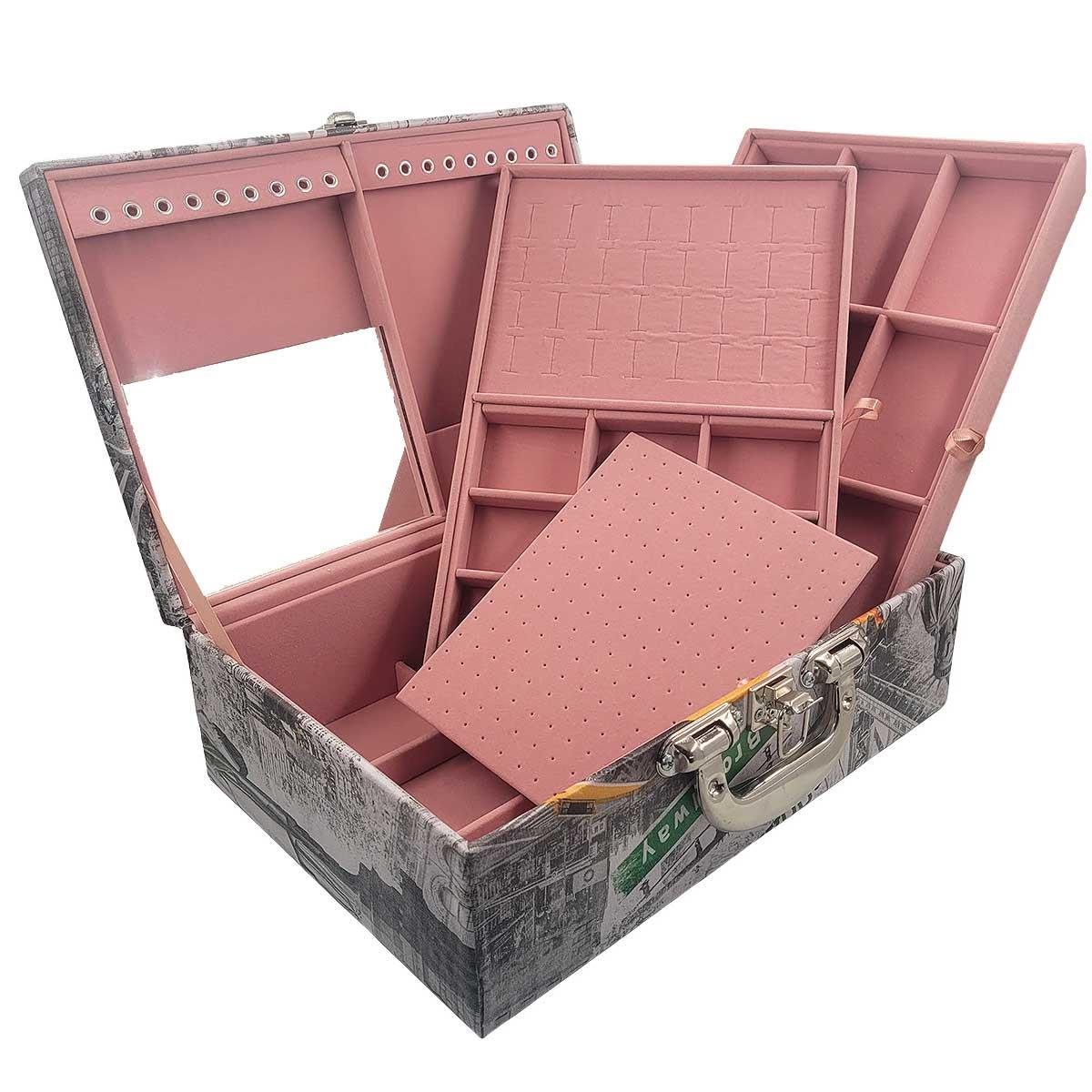 Estojo Maleta Porta Jóias Triplo Grande New York Táxi Com Alça Cromada e Espelho