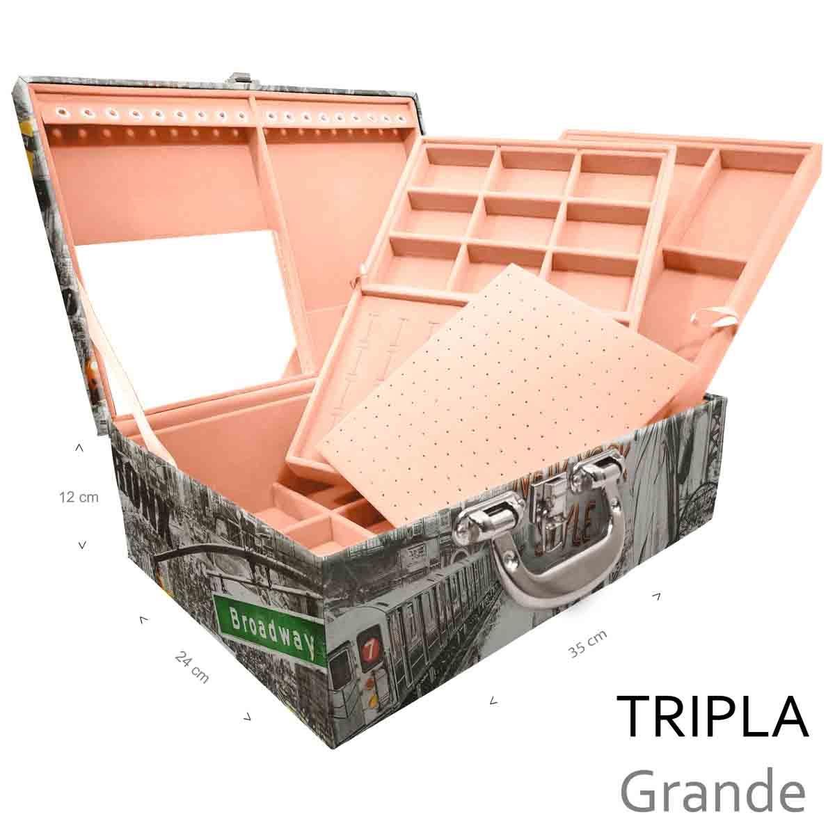 Estojo Maleta Porta Jóias Triplo Grande New York Táxi Com Alça Cromada e Espelho