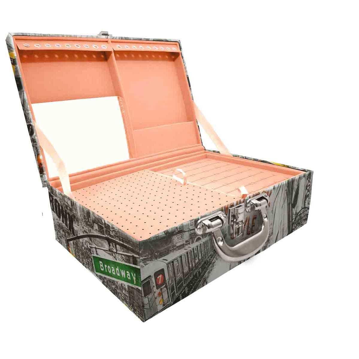 Estojo Maleta Porta Jóias Triplo Grande New York Táxi Com Alça Cromada e Espelho