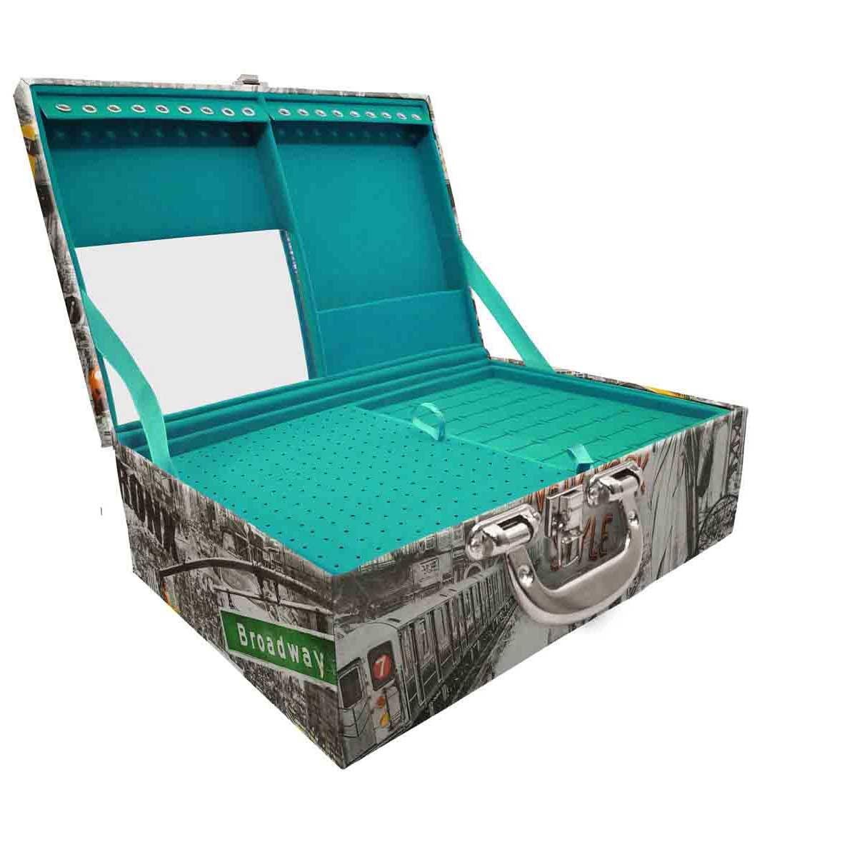 Estojo Maleta Porta Jóias Triplo Grande New York Táxi Com Alça Cromada e Espelho