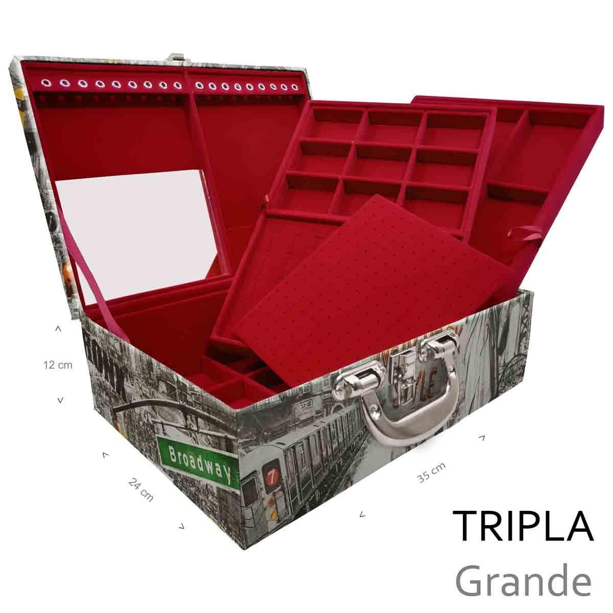 Estojo Maleta Porta Jóias Triplo Grande New York Táxi Com Alça Cromada e Espelho