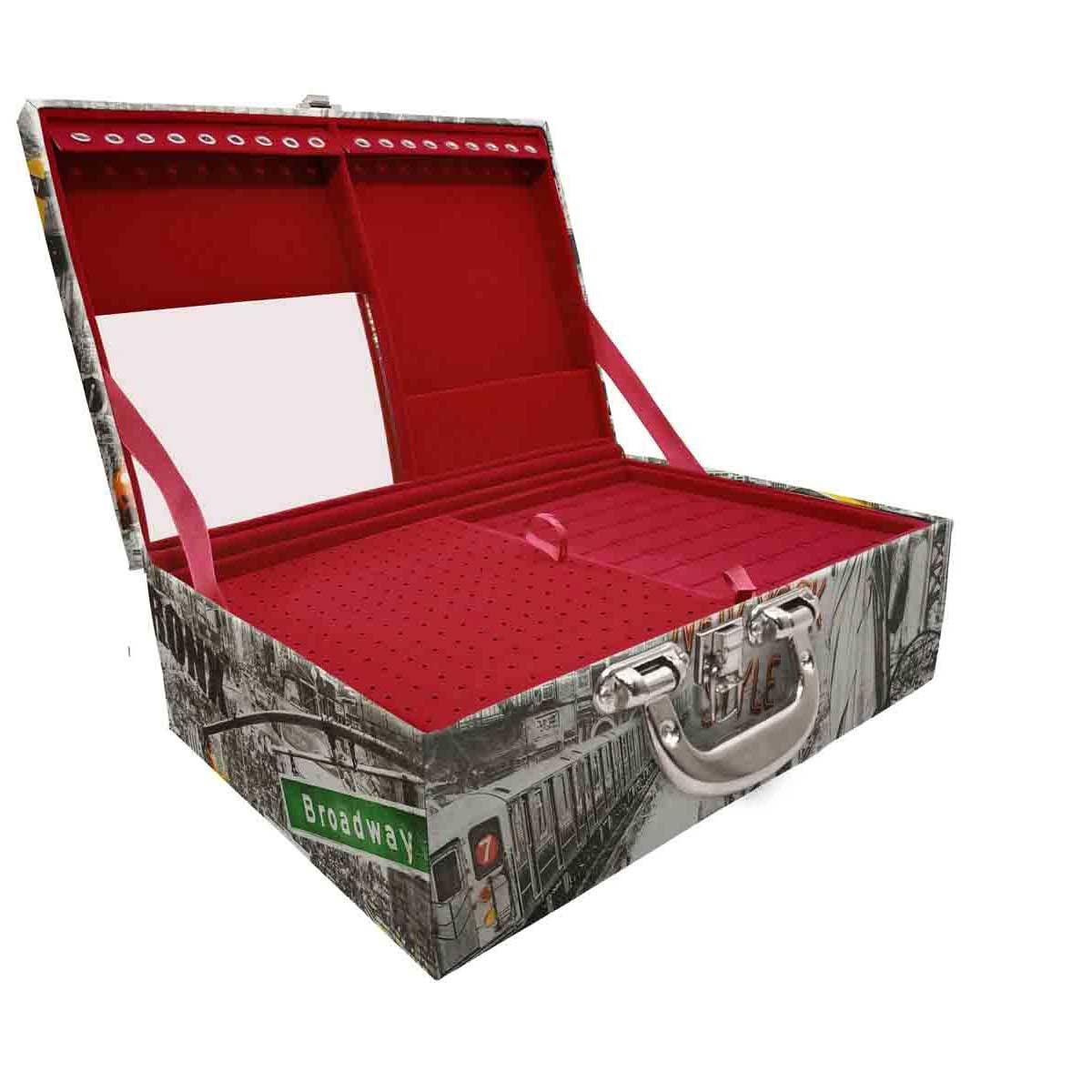 Estojo Maleta Porta Jóias Triplo Grande New York Táxi Com Alça Cromada e Espelho