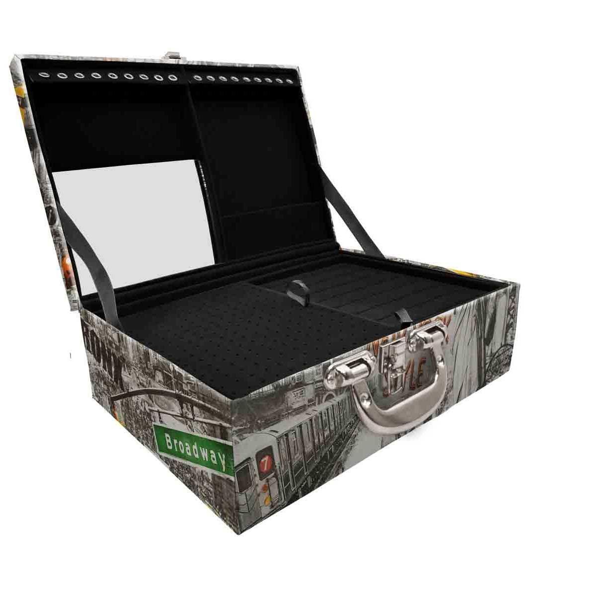 Estojo Maleta Porta Jóias Triplo Grande New York Táxi Com Alça Cromada e Espelho