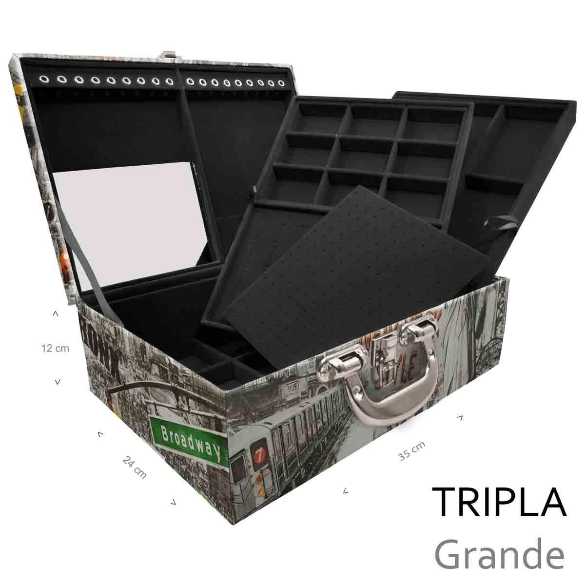 Estojo Maleta Porta Jóias Triplo Grande New York Táxi Com Alça Cromada e Espelho