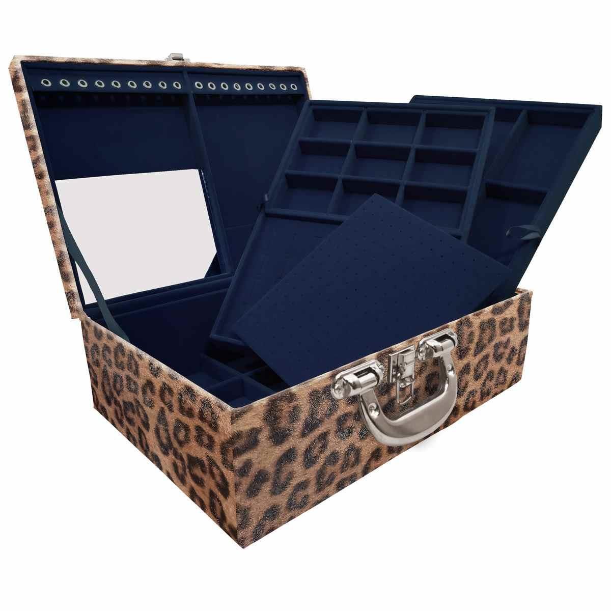 Estojo Maleta Porta Jóias Triplo Grande Onça Leopardo Com Alça Cromada e Espelho