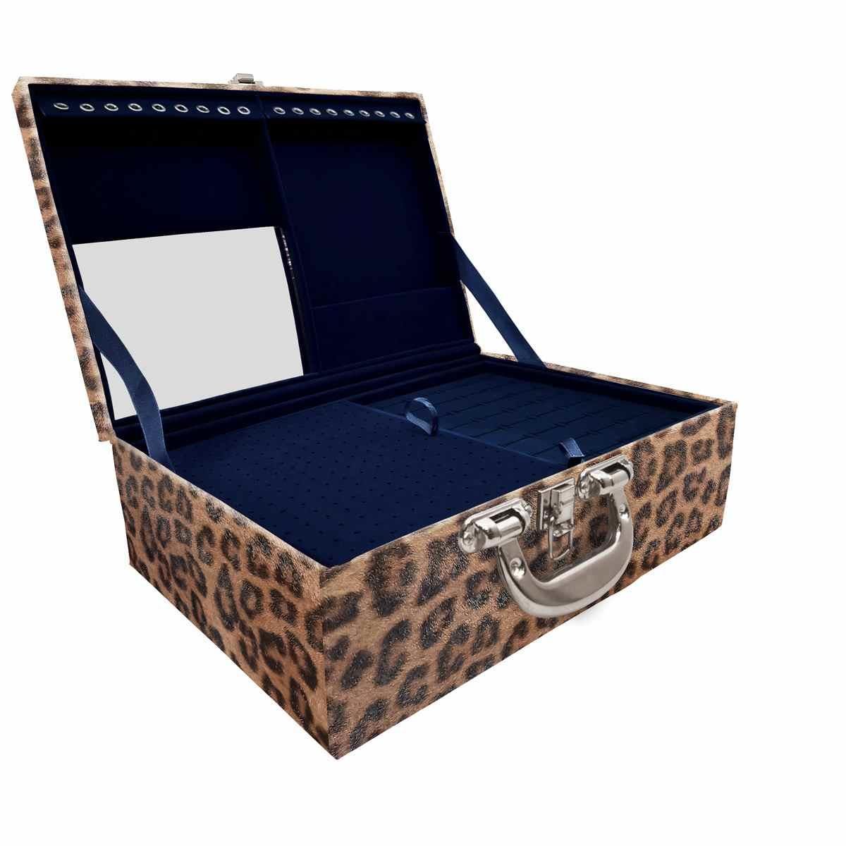 Estojo Maleta Porta Jóias Triplo Grande Onça Leopardo Com Alça Cromada e Espelho