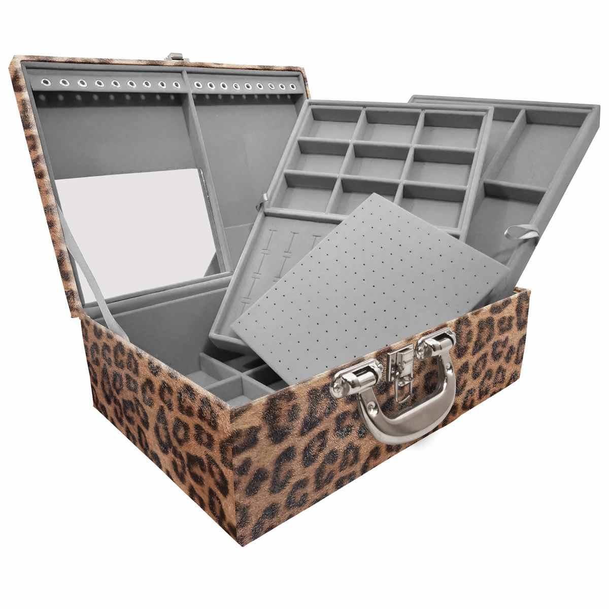 Estojo Maleta Porta Jóias Triplo Grande Onça Leopardo Com Alça Cromada e Espelho