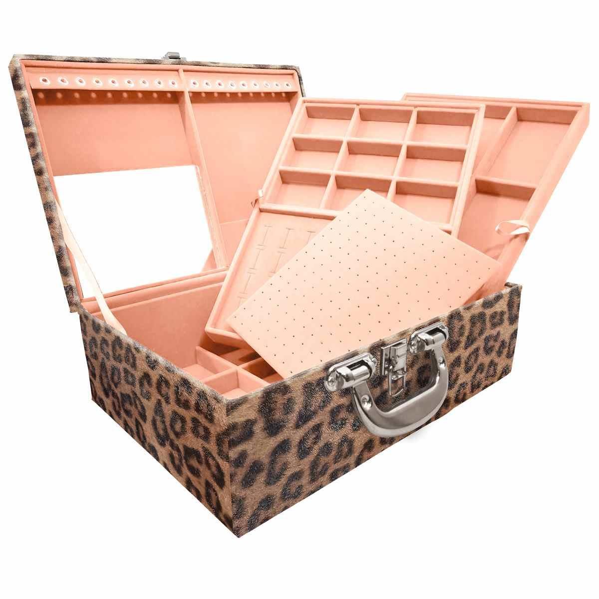 Estojo Maleta Porta Jóias Triplo Grande Onça Leopardo Com Alça Cromada e Espelho