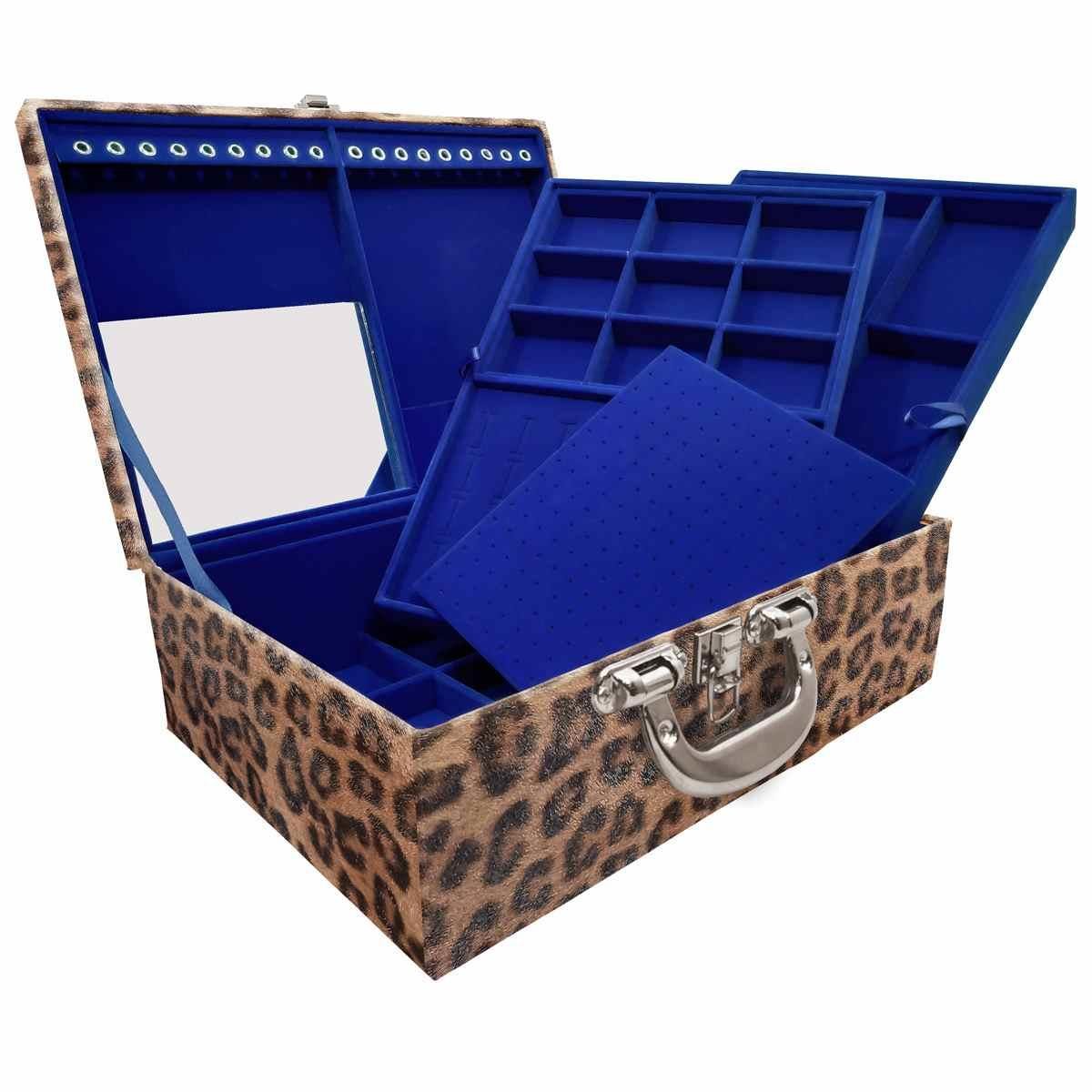 Estojo Maleta Porta Jóias Triplo Grande Onça Leopardo Com Alça Cromada e Espelho