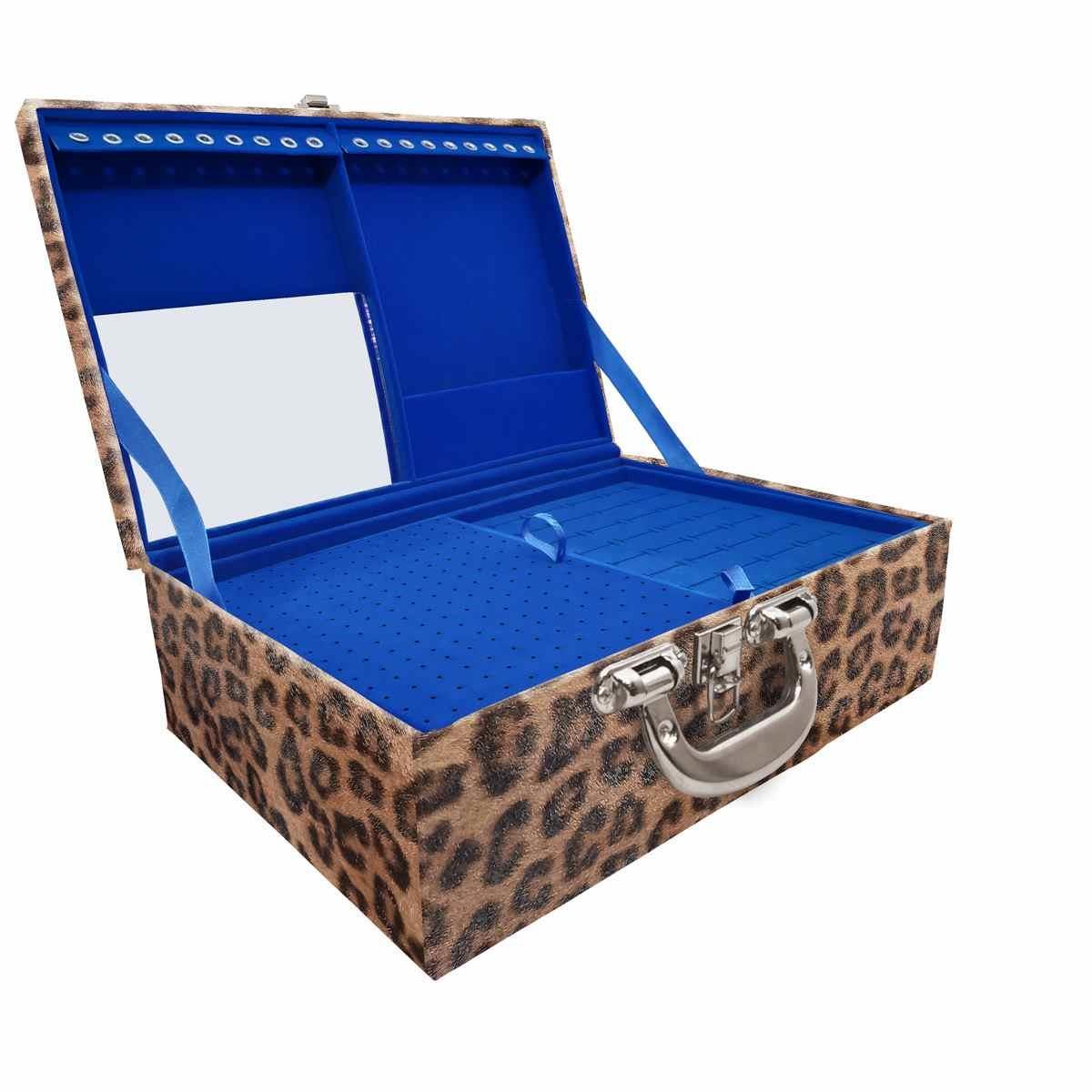 Estojo Maleta Porta Jóias Triplo Grande Onça Leopardo Com Alça Cromada e Espelho
