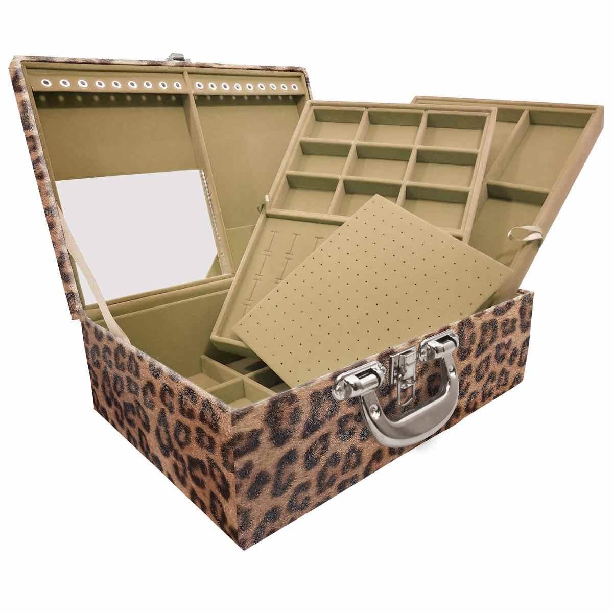 Estojo Maleta Porta Jóias Triplo Grande Onça Leopardo Com Alça Cromada e Espelho