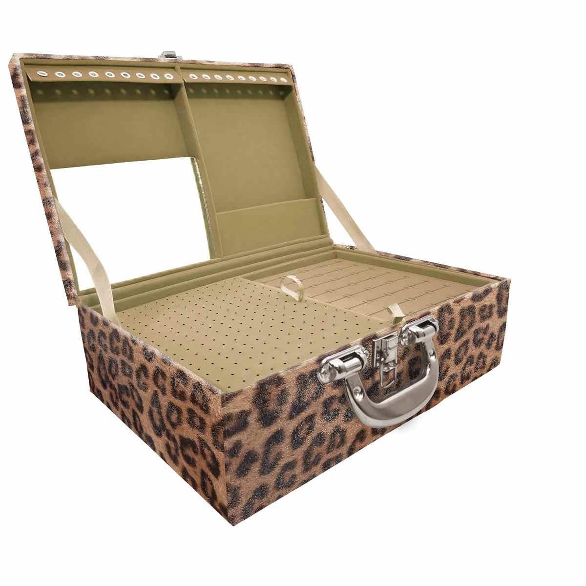Estojo Maleta Porta Jóias Triplo Grande Onça Leopardo Com Alça Cromada e Espelho