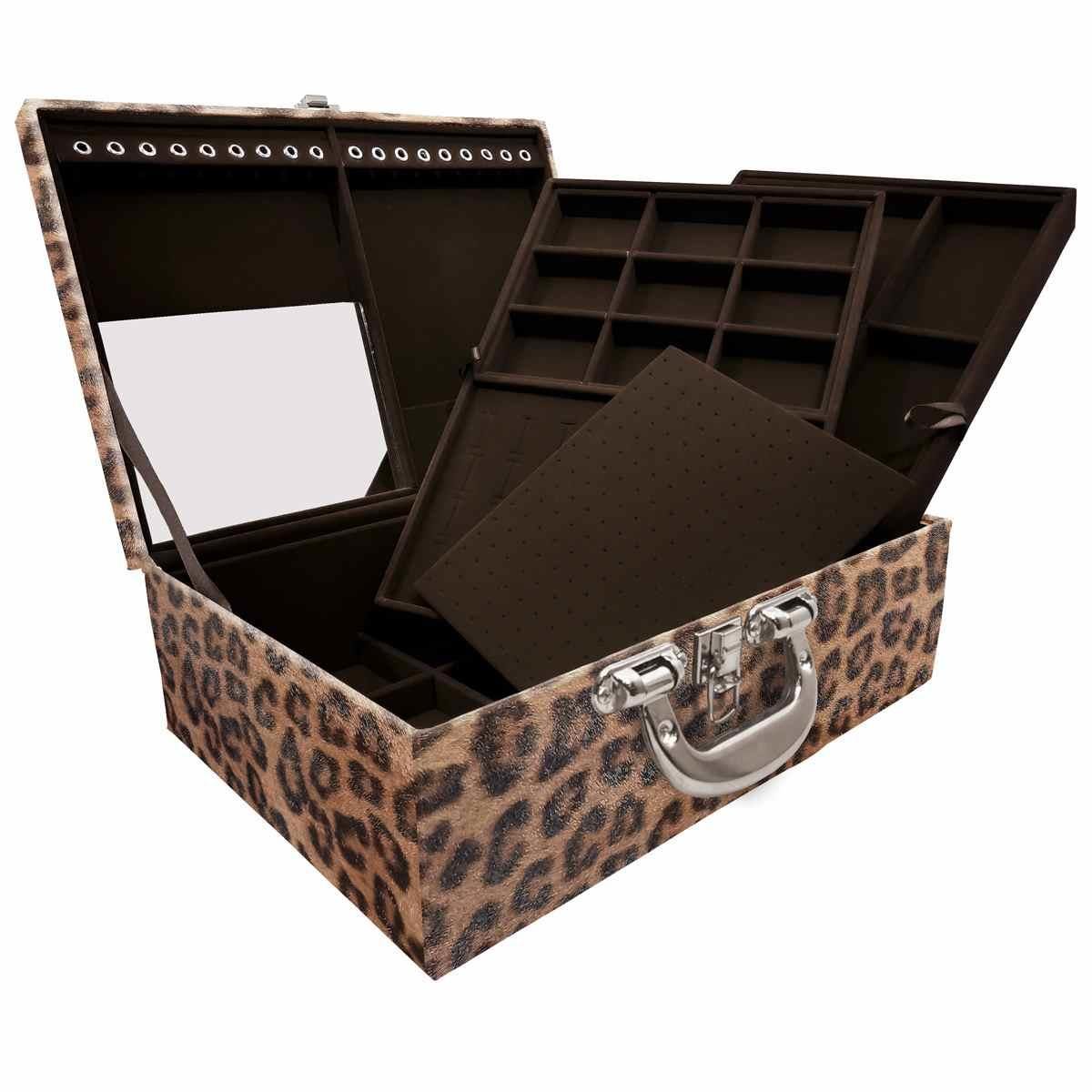 Estojo Maleta Porta Jóias Triplo Grande Onça Leopardo Com Alça Cromada e Espelho