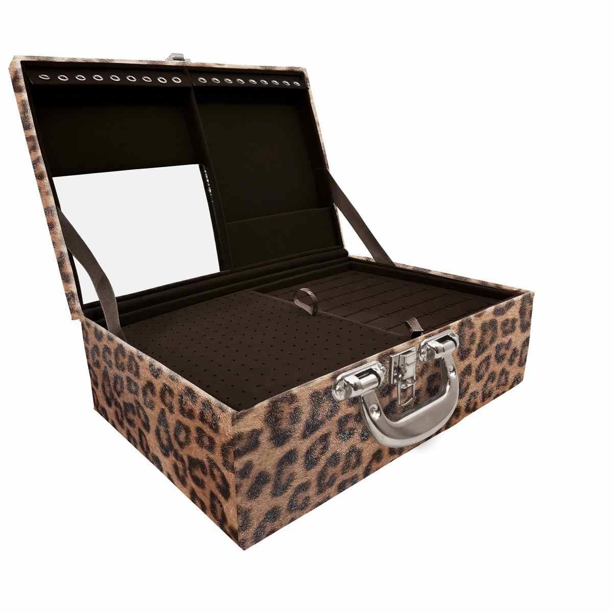 Estojo Maleta Porta Jóias Triplo Grande Onça Leopardo Com Alça Cromada e Espelho