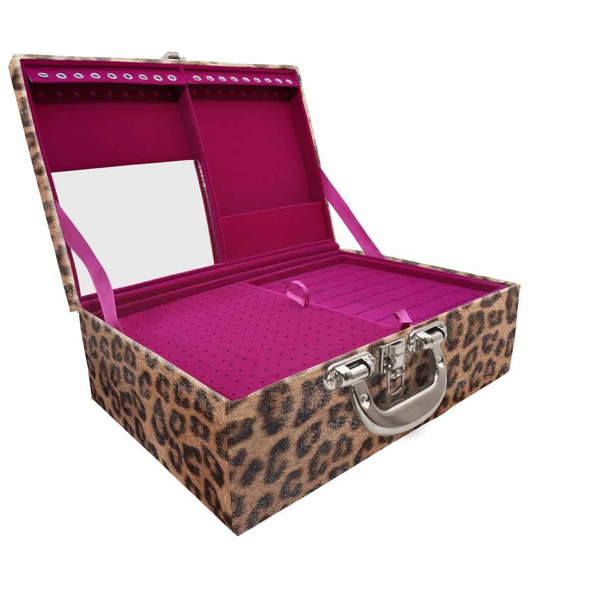 Estojo Maleta Porta Jóias Triplo Grande Onça Leopardo Com Alça Cromada e Espelho