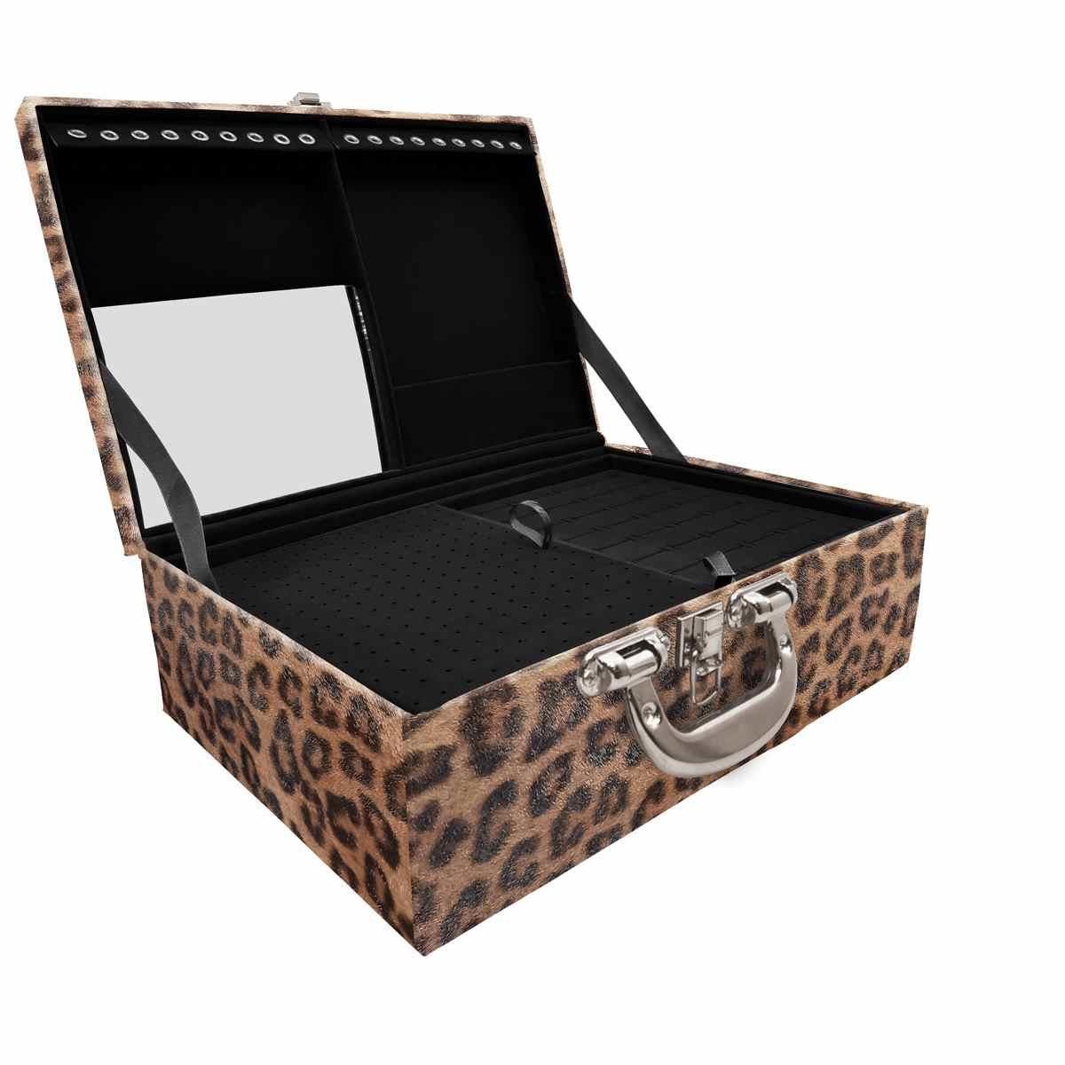 Estojo Maleta Porta Jóias Triplo Grande Onça Leopardo Com Alça Cromada e Espelho