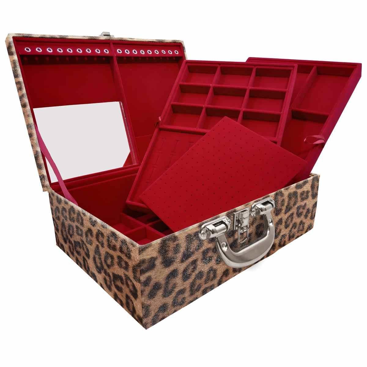 Estojo Maleta Porta Jóias Triplo Grande Onça Leopardo Com Alça Cromada e Espelho