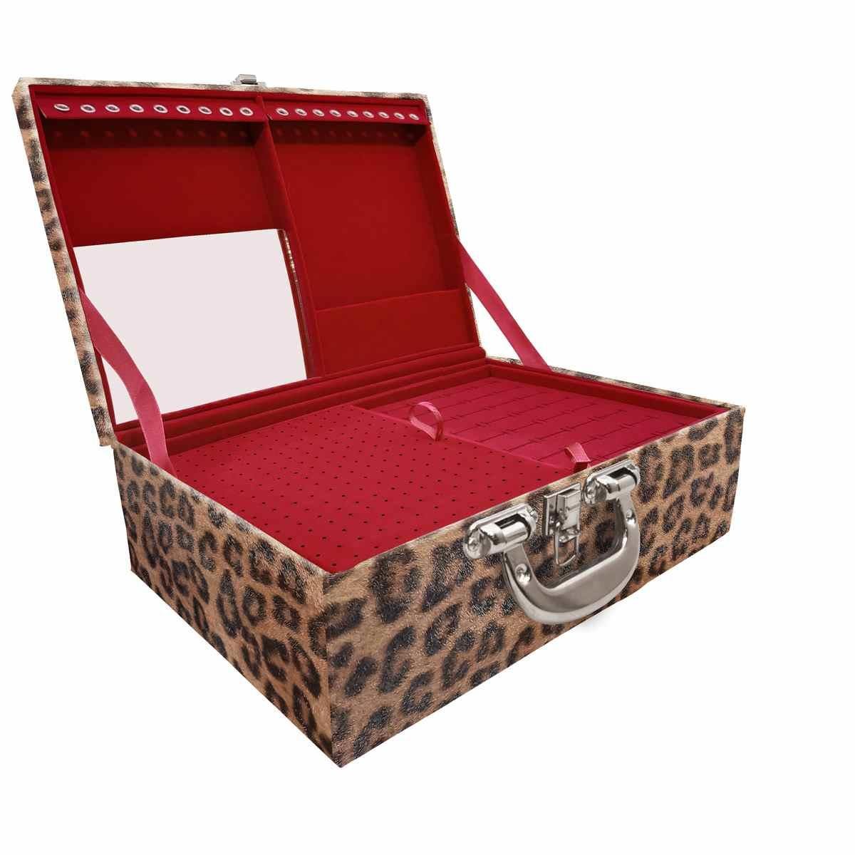 Estojo Maleta Porta Jóias Triplo Grande Onça Leopardo Com Alça Cromada e Espelho