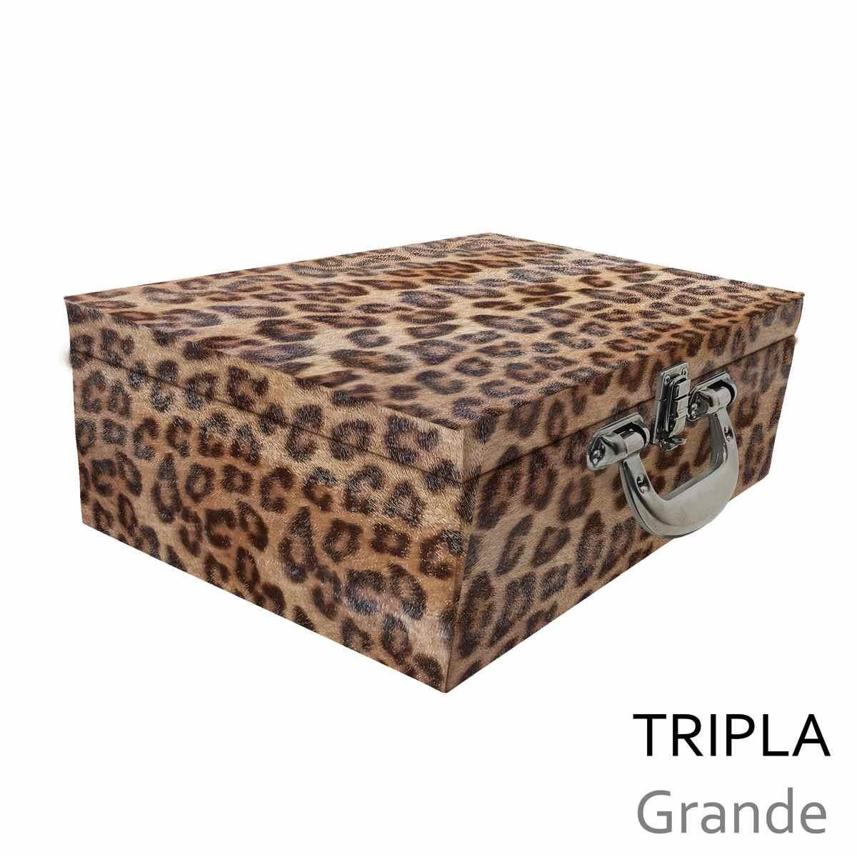 Estojo Maleta Porta Jóias Triplo Grande Onça Leopardo Com Alça Cromada e Espelho