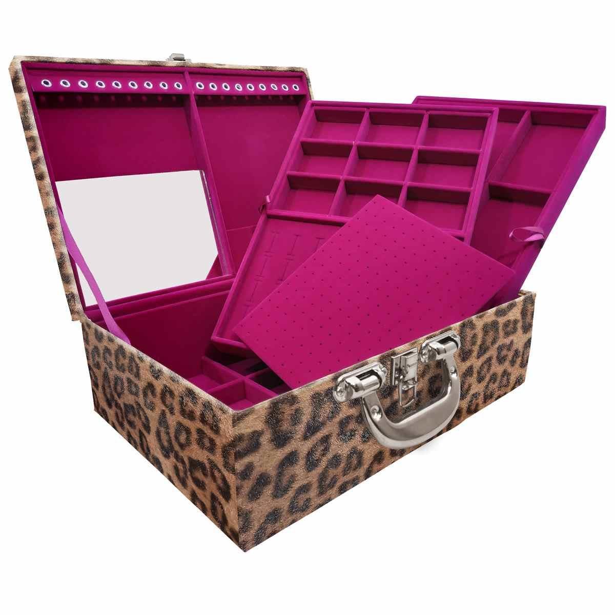 Estojo Maleta Porta Jóias Triplo Grande Onça Leopardo Com Alça Cromada e Espelho