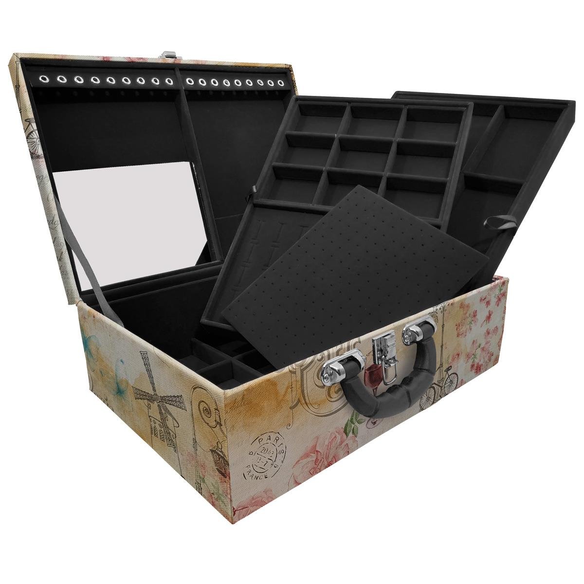 Estojo Maleta Porta Jóias Triplo Grande Paris Com Alça Preta e Espelho