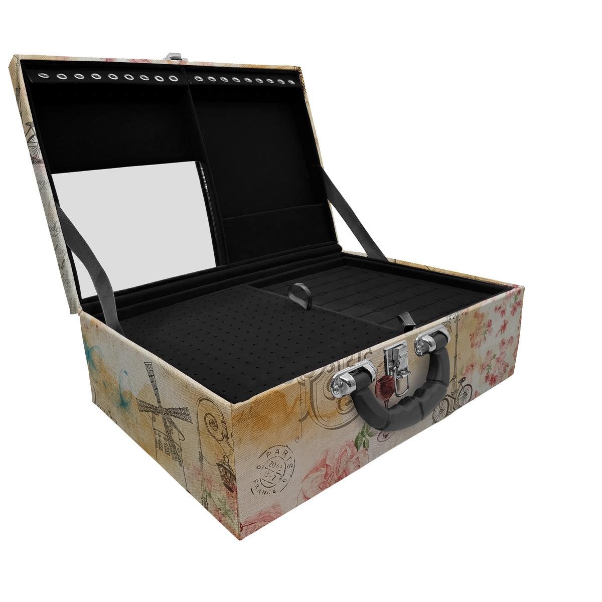 Estojo Maleta Porta Jóias Triplo Grande Paris Com Alça Preta e Espelho