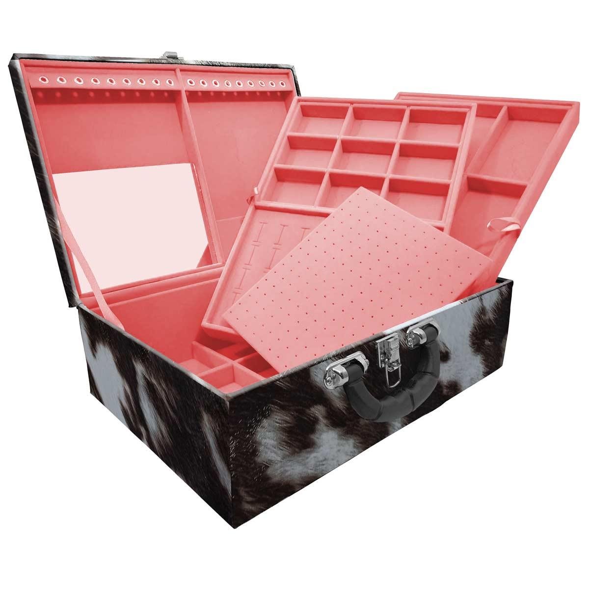 Estojo Maleta Porta Jóias Triplo Grande Vaca Com Alça Preta e Espelho