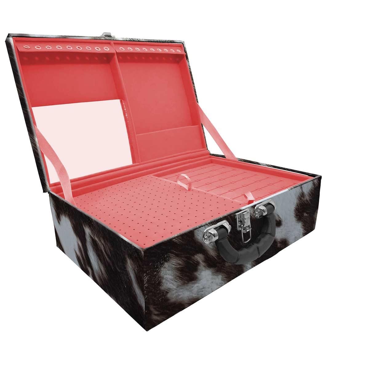 Estojo Maleta Porta Jóias Triplo Grande Vaca Com Alça Preta e Espelho