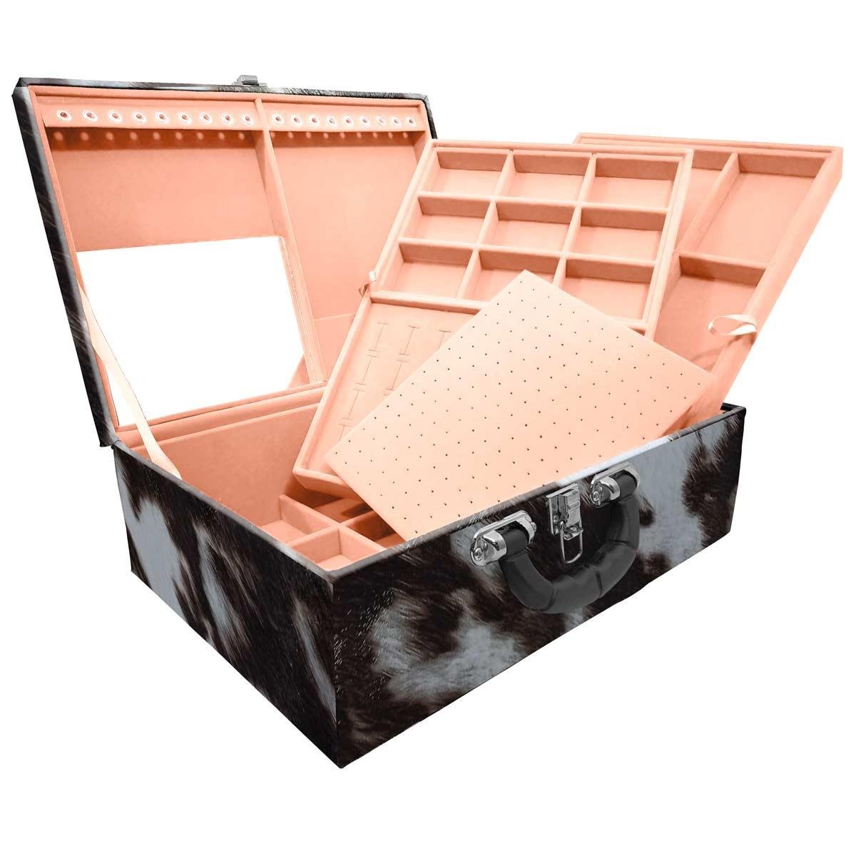 Estojo Maleta Porta Jóias Triplo Grande Vaca Com Alça Preta e Espelho