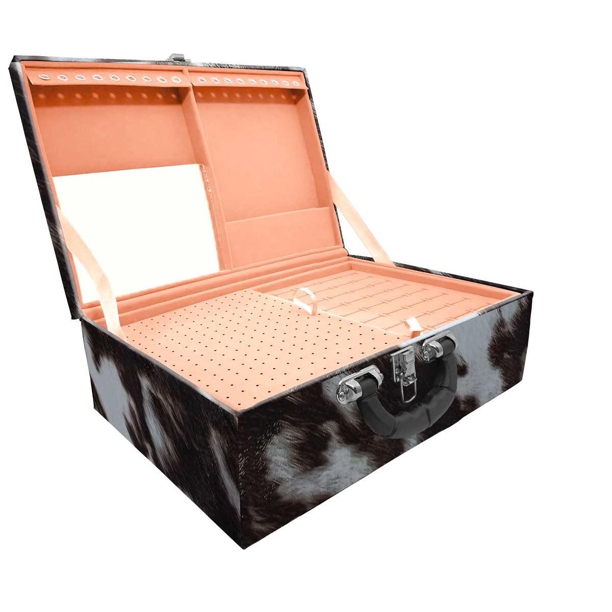 Estojo Maleta Porta Jóias Triplo Grande Vaca Com Alça Preta e Espelho