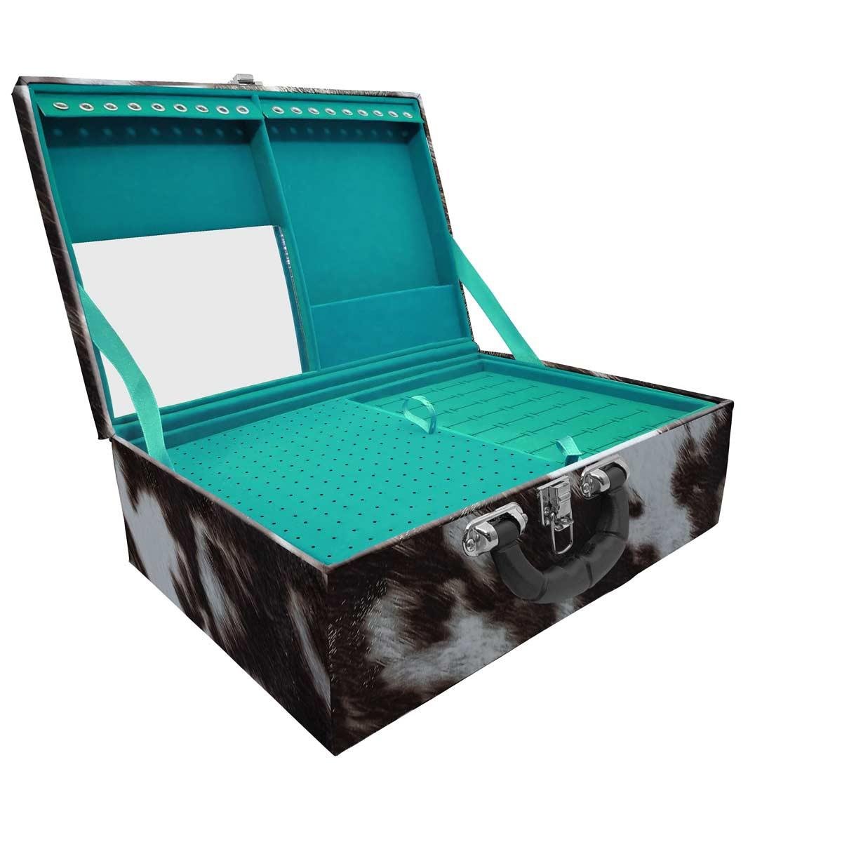 Estojo Maleta Porta Jóias Triplo Grande Vaca Com Alça Preta e Espelho