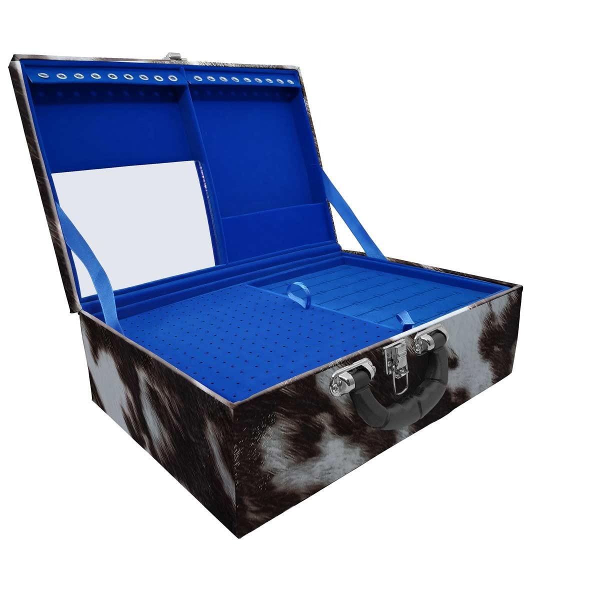 Estojo Maleta Porta Jóias Triplo Grande Vaca Com Alça Preta e Espelho