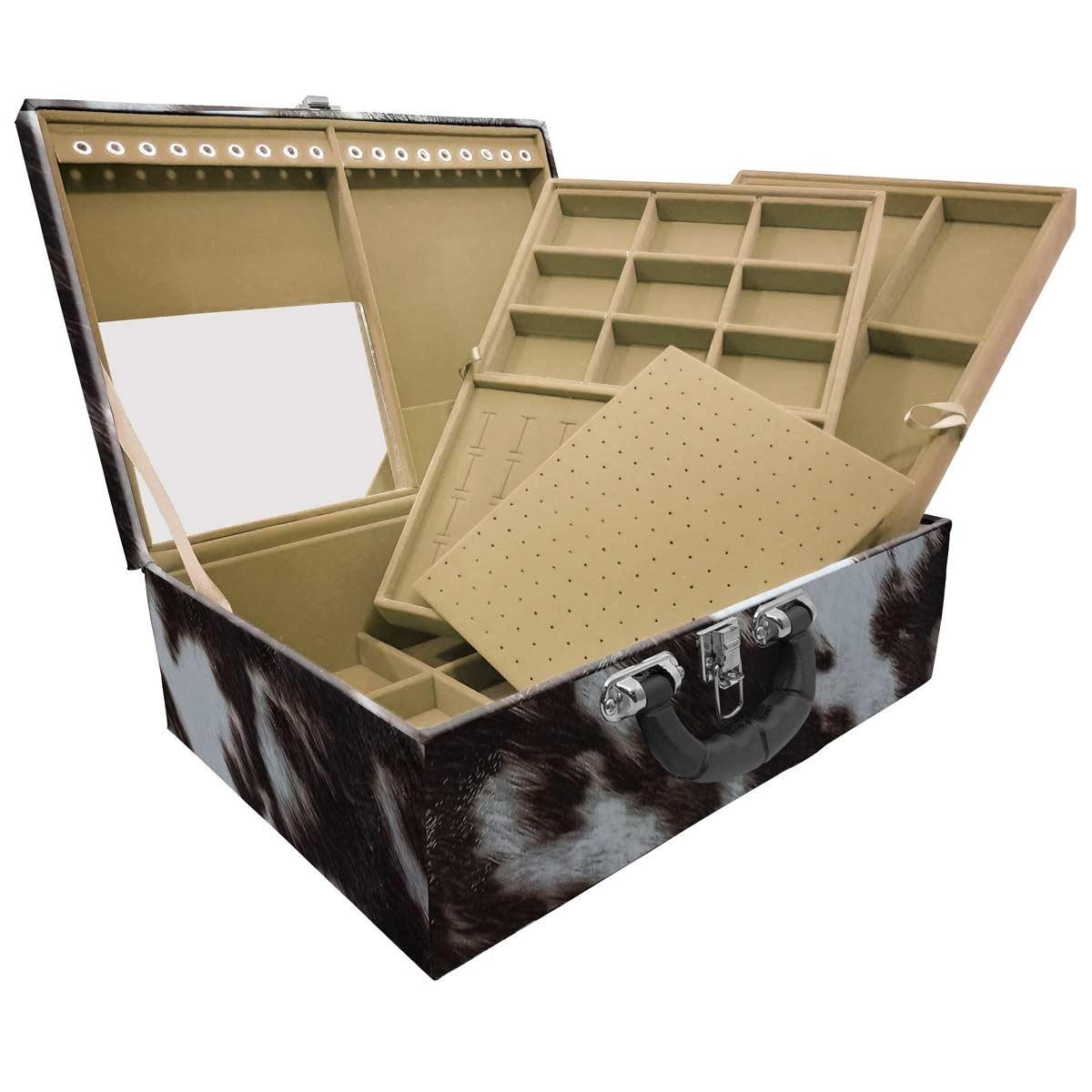 Estojo Maleta Porta Jóias Triplo Grande Vaca Com Alça Preta e Espelho