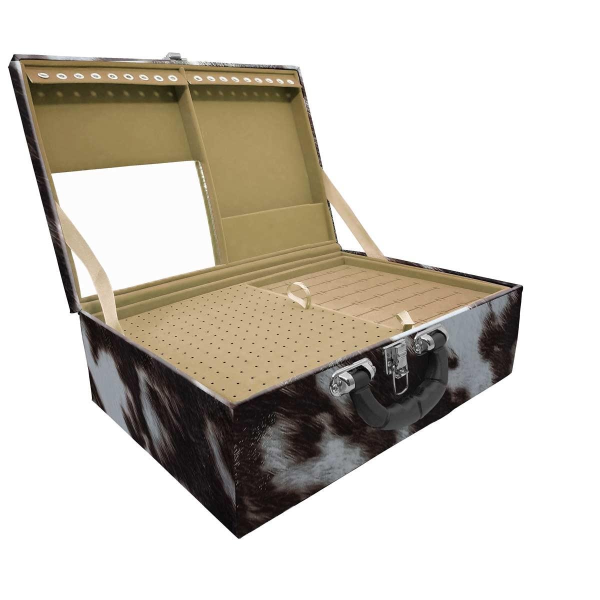 Estojo Maleta Porta Jóias Triplo Grande Vaca Com Alça Preta e Espelho