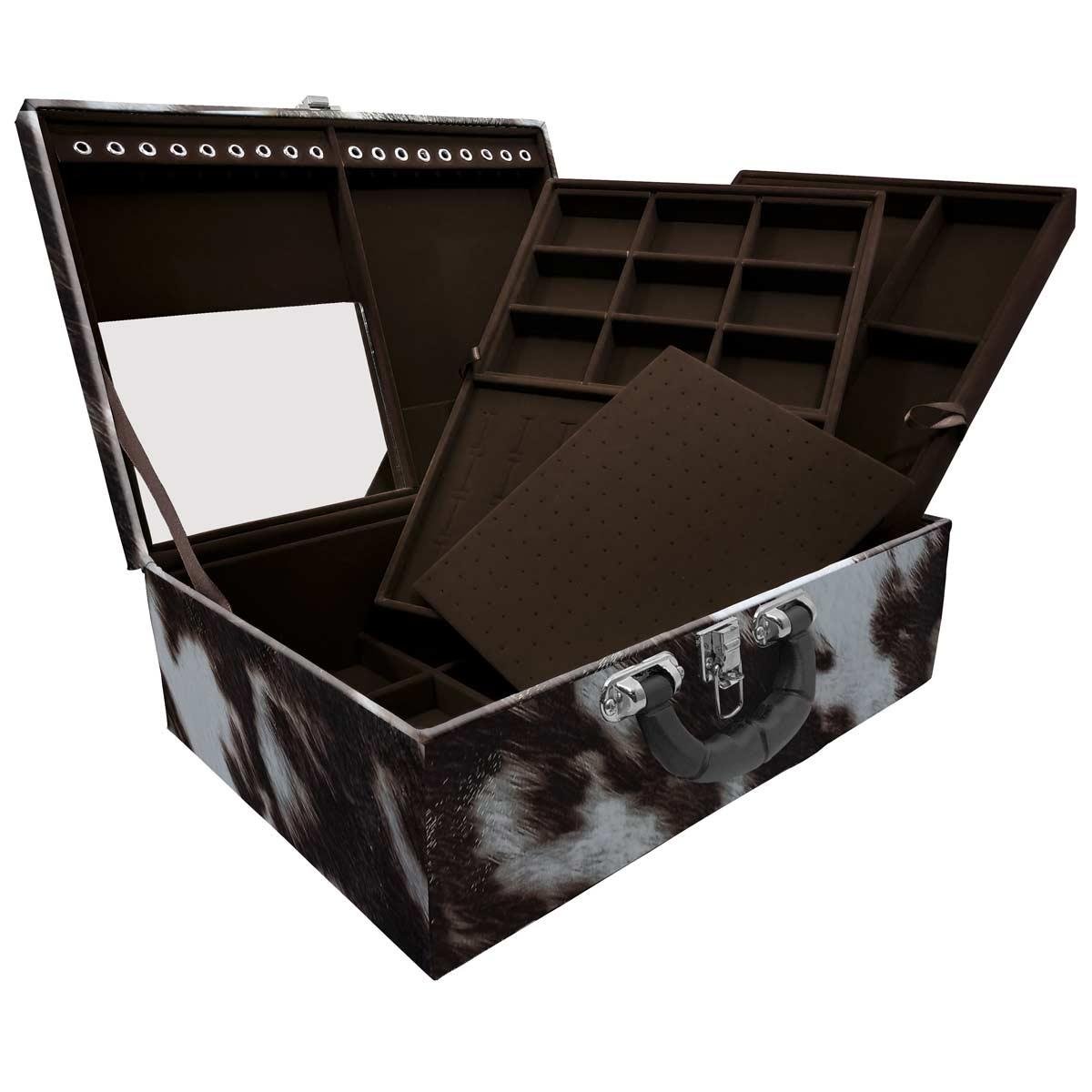 Estojo Maleta Porta Jóias Triplo Grande Vaca Com Alça Preta e Espelho