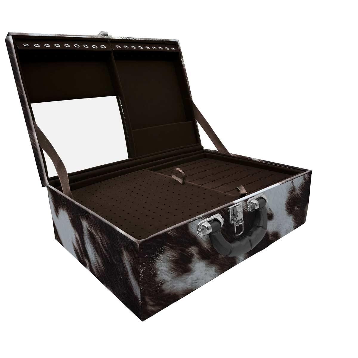 Estojo Maleta Porta Jóias Triplo Grande Vaca Com Alça Preta e Espelho