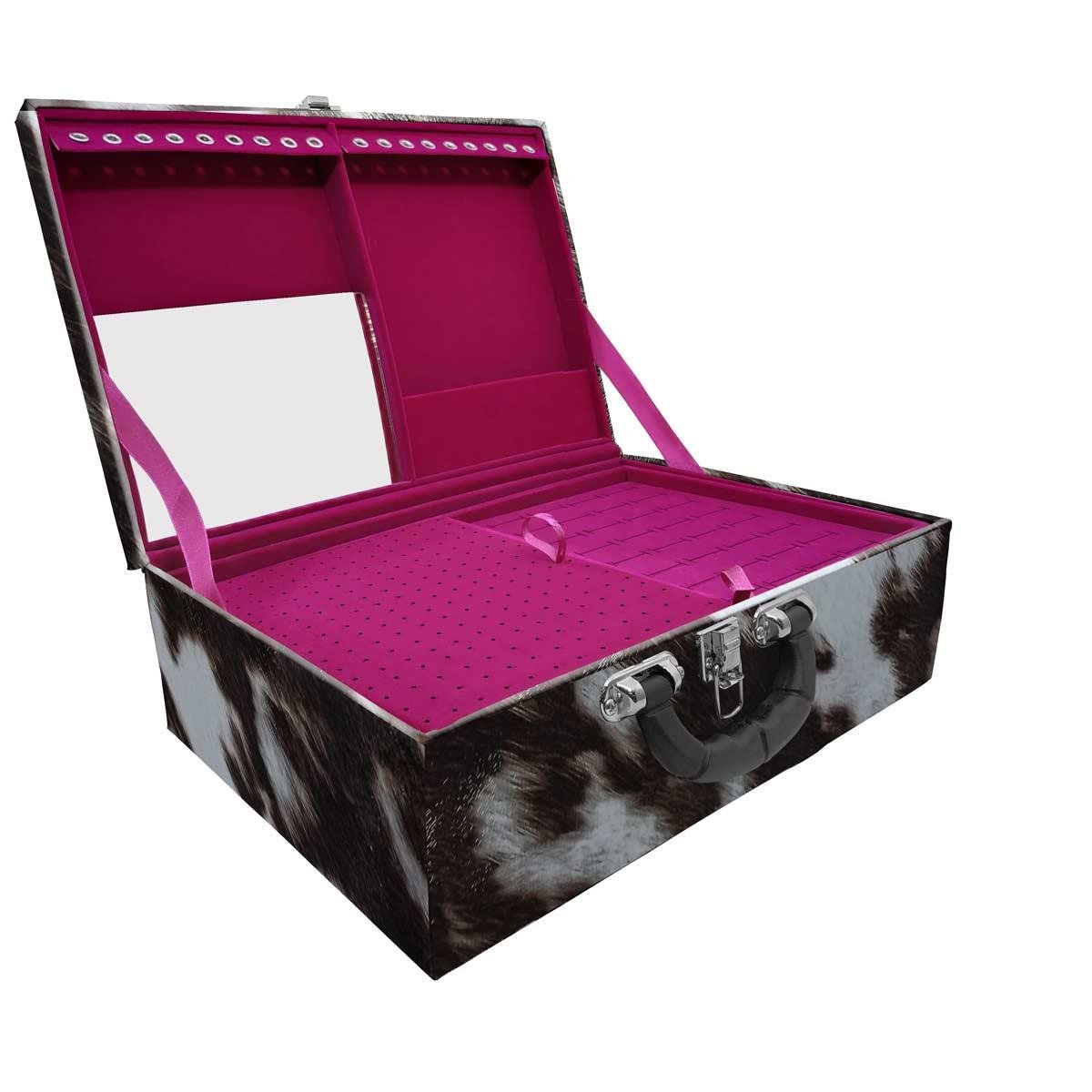 Estojo Maleta Porta Jóias Triplo Grande Vaca Com Alça Preta e Espelho