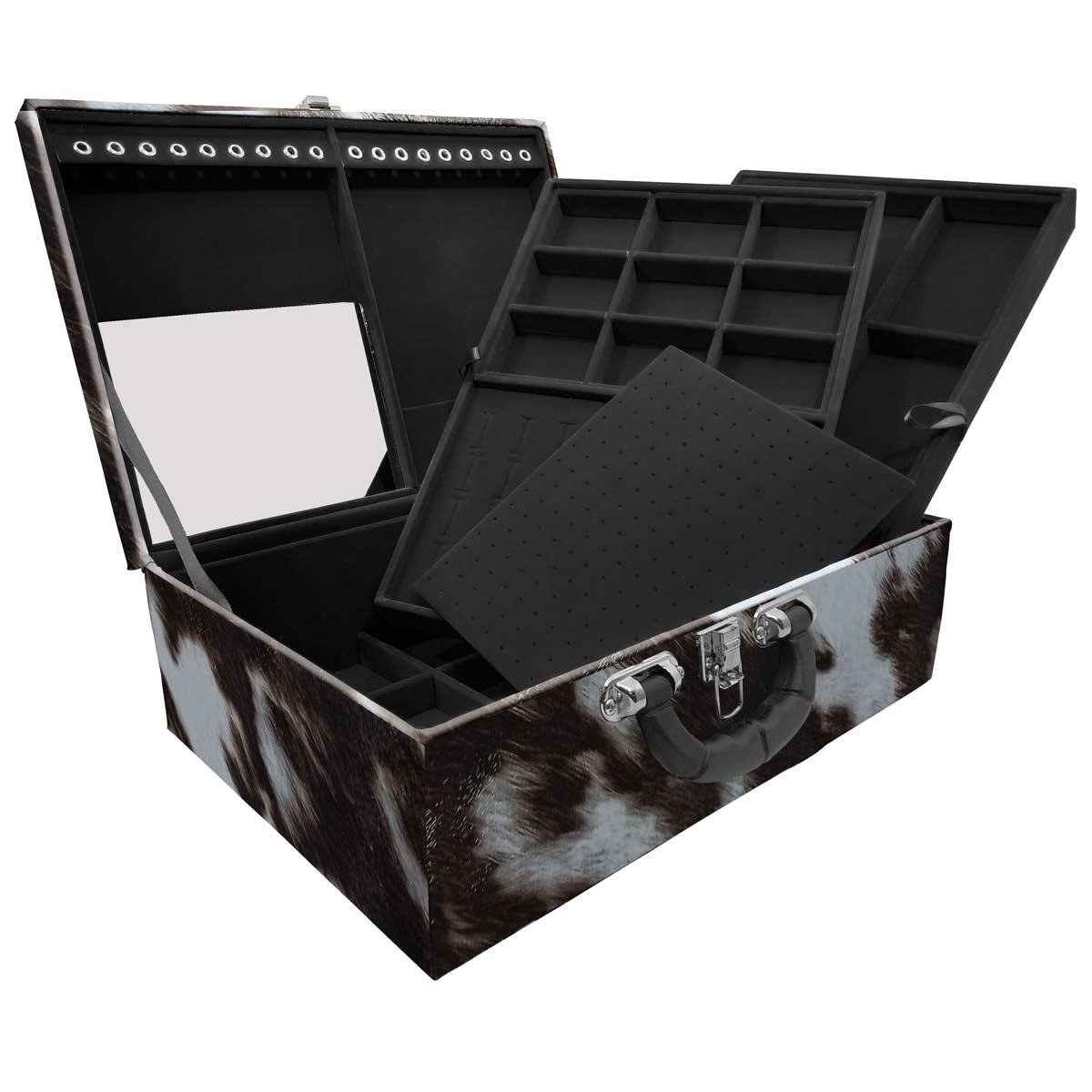 Estojo Maleta Porta Jóias Triplo Grande Vaca Com Alça Preta e Espelho